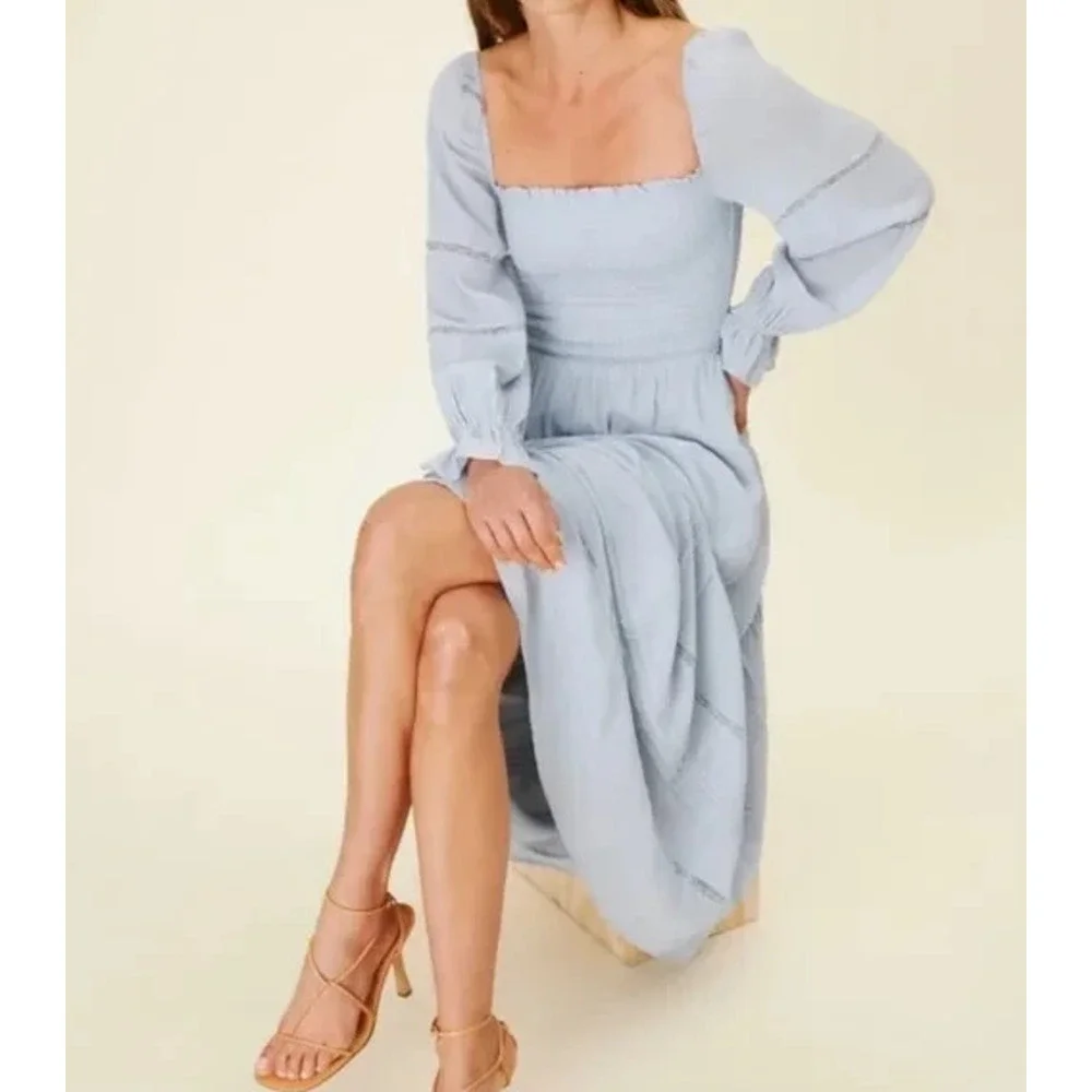 Reformation Jessy Dress Smocked Midi Dress Mineral Blue Boho Women's Size 6 - Picture 12 of 16